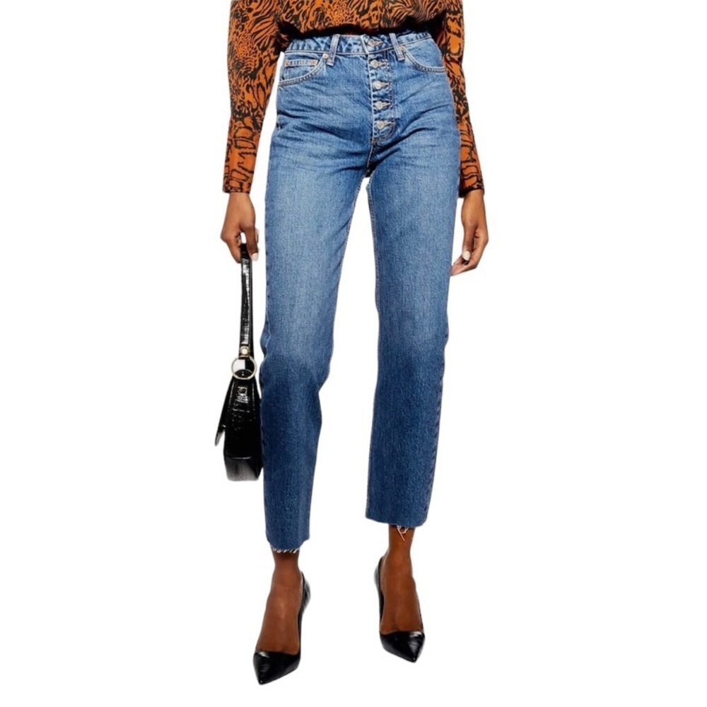 New Topshop High Waist Exposed Button Fly Raw Hem Straight Leg Crop Jeans
